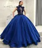 Höghals Gorgeous Dubai Ball Gown Quinceanera pärliga applikationer se genom satin prom klänningar formella aftonklänningar vestidos s