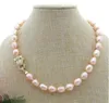 Hand knotted 10-12mm white black gray pink purple freshwater rice pearl leopard head micro inlay zircon necklace long 46cm