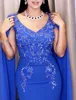 2020 Arabic Blue Evening Dresses With Cape Applique Beads bodice chiffon deep V Neck Mermaid Prom Dress Plus Size Formal Occasion Gowns