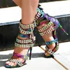 New Fashion Women Open Toe Gold Rivet Stiletto Gladiator Strap Buckles High Heel Sandals Party Dress Shoes