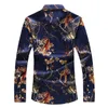 2018 Herren Herbst Print Langarmhemd Jugendmode Blumen Marineblau Hawaiihemd Satin Blume Camisa 7502 M-7XL