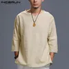 INCERUN Chinese Style Mens Shirts Long Sleeve Folded V Neck Plain Tee Shirt Loose Fit Cotton Tops Man Camisas Masculina Clothing M2953