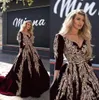 Burgundy 2020 Dubai Arabic Ball Gown Evening Dresses Lace Appliqued Celebrity V Neck Long Sleeve Evening Gowns Formal Pageant Dress BC2816