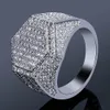 Hip Hop Geometric Hexagon Ring Copper Gold Silver Color Plated Iced Out Micro Pave Cubic Zircon Charm Ring for Men2868