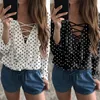 Celmia Blusa de verano para mujer Blusa de gasa Top sexy con cordones Cuello en V Volantes Camisa de manga larga Casual Tallas grandes Blusa Feminina Q190425