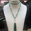 Annodato a mano lunga giada verde naturale perla d'acqua dolce bianca micro intarsio zircone chiusura nappa collana moda gioielli232W