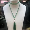 Collier long noué à la main, jade vert naturel, perle d'eau douce blanche, micro incrustation de zircon, fermoir pompon, bijoux à la mode, 282g