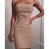 Vente chaude Plis Mince Femmes Robe Designer Mode Couleur Unie Taille Haute Robes Décontractées Taille Bas Sling Sans Manches Femme Jupe Vêtements