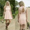 2020 Light Blush Lace Short Country Bridesmaid Dresses High Neck Sleeveless Open Back Knee Length Bridesmaids Gowns Party Dress