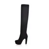 QUTAA 2020 새로운 여성 부츠 무릎 부츠 이상의 섹시한 패션 섹시한 얇은 사각형 힐 부츠 플랫폼 여성 신발 블랙 크기 34-43