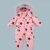 طفل رومبير الشتاء فتاة بوي snowsuit بطة الحرارية أسفل الفراء مقنع بذلة الوليد الاطفال الشتاء تسلق الملابس تزلج دعوى وزرة