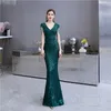 Sequins Green Mermaid Prom Dress Beaded Floor Length V Neck Evening Gowns for Women Elegant Party Gown Custom Made Short Sleeve