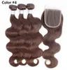 Kiss Hair Body Wave Color 4 Chocolate Brown Color 2 Dark Brown 3 Bundles With Lace Closure Raw Virgin Indian Remy Human Hair