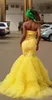 Prom Yellow Mermaid Dresses Spets Applique Tiered kjol Organza Sweetheart Halsbindning pärlstav kristaller golvlängd afrikansk aftonklänning