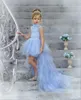 라이트 스카이 블루 하이 - 로우 꽃 여자 드레스 높은 칼라 레이스 Appiques 비즈 키즈 정장 착용 생일 드레스 유아 소녀 선발 대회 가운
