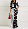 Evening Partido Mulheres Vestidos Vintage elegante Mulheres Polka Dot Vestido manga comprida V Neck Maxi vestido longo Vestidos Moda Feminina