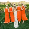 Simple Western Country Orange Chiffon Long Bridesmaid Dresses Simple Ärmlös Bröllop Gästklänningar Med Front Slit