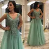 New Arrival Sage Evening Dresses V Neck Tulle Floor Length Beaded Crystals Appliques Lace Beaded Special Occasion Dresses Robes De Soirée