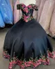 Black Quinceanera Vestidos Charro 3 Peças Impresso Applique Floral Desligado A Bandagem Ombro Vestido Homecoming Barato Mini Vestido De Bolas De Prom