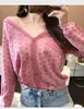 NOVO suéter de malha de gaze feminino sexy decote em V fora do ombro estampado letra rosa suéter cardigan casaco S M L