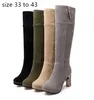 Sexy kniehohe Stiefel, modische Luxus-Designer-Damenstiefel, schwarz, seitlicher Reißverschluss, bequeme Plattform, Metall, klobige Absätze, grau-beige, Größe 33 bis 42, 43