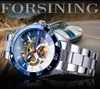 Forsining Mécanique Hommes Montre Top Marque De Luxe Automatique Homme Montre En Acier Inoxydable Squelette Bleu Cadran Étanche Casual Clock203m
