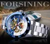 Forsining Mechanical Mens 시계 최고 브랜드 고급 자동 인 Man Watch 스테인리스 스틸 골격 블루 다이얼 방수 캐주얼 시계 203m