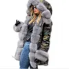 Yeni Kış Sıcak Ceket Tutun Kadın Kamuflaj Giyim Ince Parkas Uzun Yün Yaka Kapüşonlu Ceket Pamuk-Yastıklı Ceket