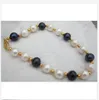 8-9MM braccialetto di perle nere bianche del mare del sud naturale 7.5-8" chiusura in oro giallo 14k @