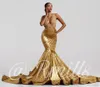 Sexy gouden fluwelen zeemeermin prom dresses hoge juweel nek backless hof trein zien door kant applique avondjurken formele jurk ogstuff