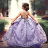 Lavender Flower Girl Dresses para casamentos frisada Pescoço V Sem Costas Criança Pageant Vestidos Tulle Sweep Trem Crianças Prom Dress BC0747