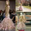 New Girls Pageant Dresses Mermaid Jewel Neck Gold Sequins Long Sleeves Pink 3D Flowers Kids Flower Girls Dress Birthday Wedding Guest Gowns