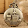 Bronze Ancient Architectural Building Design Pocket Watch Men Women Analog Quartz Watches with Necklace Chain Gift Souvenir