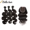 Peruvian Body Wave Bundlar med topplås 4x4 Middle Part Lace Closure Virgin Hair Weaves Wefts 3 Bundlar Hårförlängningar Bellahair