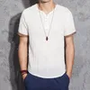 Оптово-летние моды мужские повседневные льняные рубашки с коротким рукавом V шеи белые базовые блузка китайский стиль тонкие топы мужчины плюс размер M-5XL