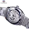 Forsining زوجين ساعة مجموعة مجموعة الرجال Silver Automatic Watches الصلب سيدة حمراء الهيكل العظمي الجلود هدية Wristwatch Gift252m