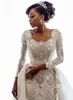 African Luxury Dubai Lace Mermaid Wedding Dress 2020 Long Sleeves Square Neck Beaded Crystals With Detachable Train Wedding Bridal Gowns