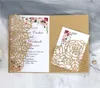 Invitations de mariage découpées au laser à trois volets roses, cartes d'invitation de mariage de poche scintillantes en perles, bordeaux avec ceinture 8842460