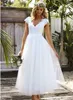 2024 Summer Beach A Line Wedding Dresses Deep V Neck Lace Appliques Tulle Cap Sleeve Puffy Ankle Length Plus Size Formal Bridal Gowns
