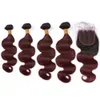 Ombre Burgundy Pacotes de cabelo com raiz do cabelo Encerramento # 1B escuro 99J extensões corpo do vinho Onda vermelha Ombre Malásia Humanos Tece cabelo com Encerramento