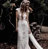 New Hot Luxury Bohemian Country A Line Wedding Dresses V Neck Cap Sleeves Full Lace See Through Court Train Sheath Formal Bridal Gowns