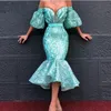 Tea Length Prom Dresses Off The Shoulder Half Sleeves Mermaid Evening Dress audi arabia Zipper Back Cocktail Party Gowns
