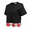 패션 - 새로운 여성 패션 꽃 자수 자르기 탑 여성 여름 티셔츠 짧은 소매 검은 상위 Femme 티셔츠 코튼