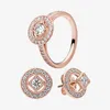 Jóias de casamento de luxo conjuntos 18k rosa ouro vintage círculo anel brinco com caixa original para Pandora Real 925 prata anéis brincos