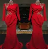 Red Arabic High Neck Mermaid Long Evening Dresses 2019 Long Sleeves Satin Ruched Lace Applique Formal Party Muslim Prom Dresses