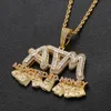 Iced Out Baguette ATM Letters Pendant with Rope Chain Gold Silver Bling Zirconia Men HipHop Necklace Jewelry