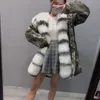 New Arrival Snow Kurtki Białe Szary Futro Futro Plątko Pani Furs White Rabbit Fur Lining Pink Canvas Długie Kobiety Parki