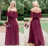 Eleganti abiti da damigella d'onore in chiffon borgogna country 2022 Modest Off the Spalla Beach Plus Size Junior Maid of Honor Ospite abiti da ospite