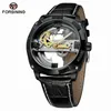 Forsining Men Automatic Watch Double Side Transparent Golden Bezel Brown Leather Belt Brand Luxury Mechanical Skeleton Clock SLZe1259f