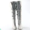 Hot Sale-Super Hot Women Pointy Toe Knä High Boots Slip på Ladies Knight Boots Rhinestone Sexig Chunky Heel Crystal